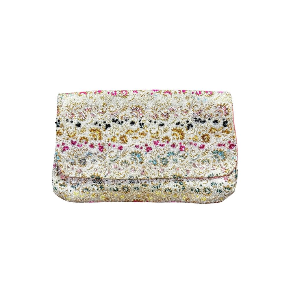 Vintage 1950's Hand Beaded Floral Metallic Brocade Clutch Bag
